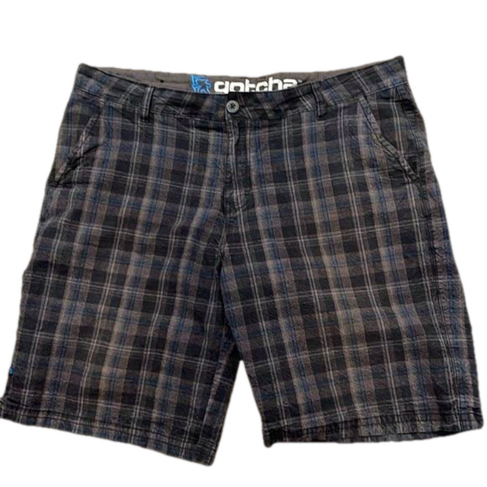 Gotcha size 38 brown/navy patterned 4 pocket zip 100% cotton shorts flat front